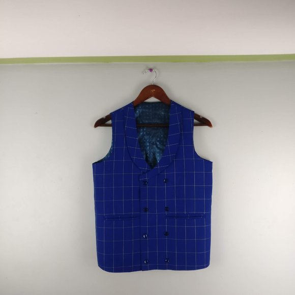 CEO Dress Shirt Double breasted Vest, Blue Checkered Vest, Formal Shirt Vest 36R - Picture 5 of 12